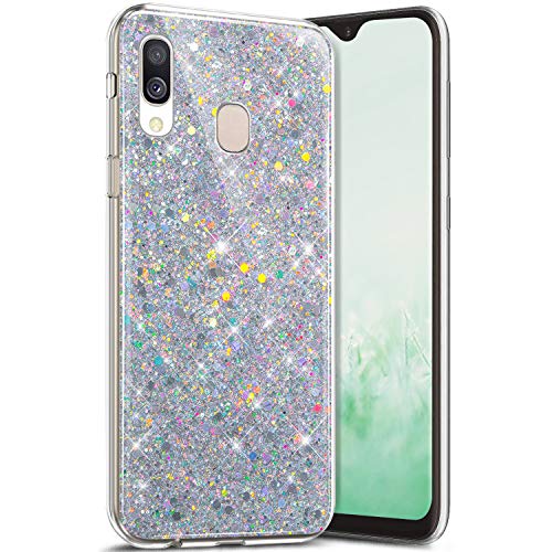Robinsoni Case Compatible with Samsung Galaxy A40 Cover Flexible Samsung Galaxy A40 Case Silicone Bling Case Soft Silicone TPU Case Glossy Gel Rubber Cover Sparkle Ultra Thin Cover, Silver
