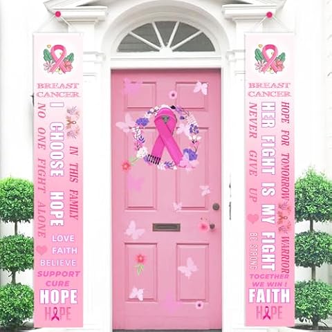Breast Cancer Awareness Pink Ribbon Curtain Couplet Door Window Hanging Welcome Banner Festive Decor for Breast Cancer Party Decoration Cover
