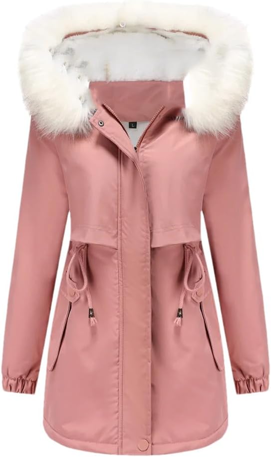 Women Winter Parka Faux Fur Collar Hooded Long Sleeve Fleece Thick Warm Jacket Female Coats