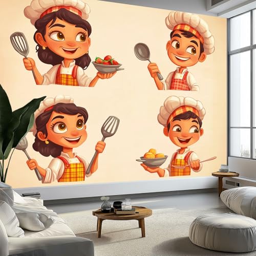 Papel pintado Mural Adhesivo de Pared Personaje Dibujos Animados Chef Art Papel Tapiz Fotográfico 200x140 cm Personalizada Catering Papel Tapiz Restaurante Decoración de Fondo Mural, Beige Claro