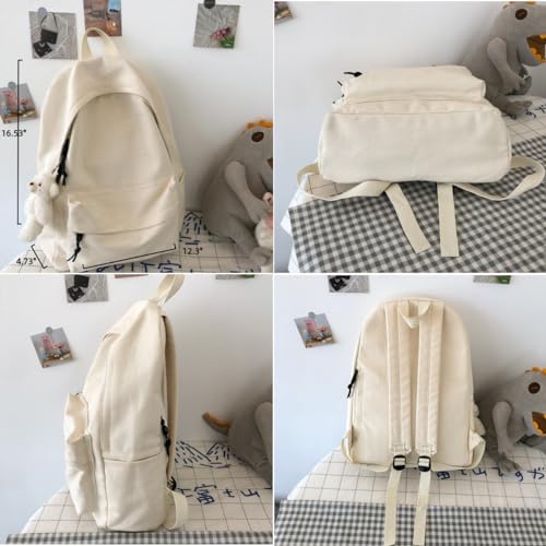 Canvas Big Capacity Backpack with Cute Bear Pendant Accessory for Women Men Aesthetic Daypack(white)2