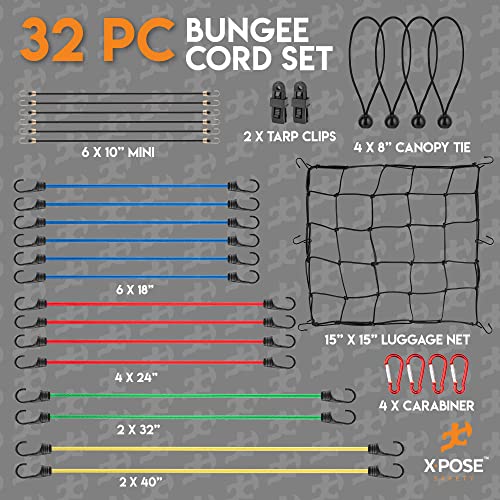 Image of Heavy Duty 32pc Bungee Cord Set with Hooks, Canopy Ties, Luggage Net & Organizer Bag - Assorted Sizes (18 inch, 24 inch, 32 inch, 40 inch) for Outdoor, Bike Racks, Motorcycles