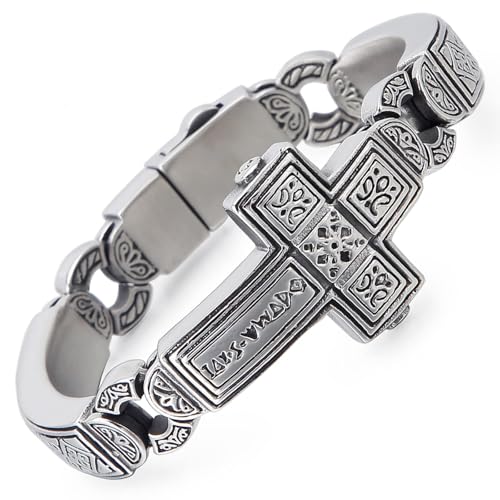 Mens Cross Stainless Steel Bracelet - Heavy Retro Punk Cross Bracelet for Men, 8.66
