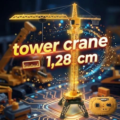 Grúa Teledirigida Niños 128 cm, Grúa Torre RC 2.4GHz 6 Canales, Rotación 680°, Control Remoto 30 m, Elevación Realista con Gancho, Luces y Sonido, Juguete Construcción Ingeniería