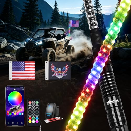 Image of Nilight LED Whip Light 1PC 4FT Spiral RGB Antenna Whips with Spring Base, App /Remote Control DIY Chasing Patterns Brake & Reverse Lights for Side by Side ATV UTV RZR Can-Am Buggy Jeep