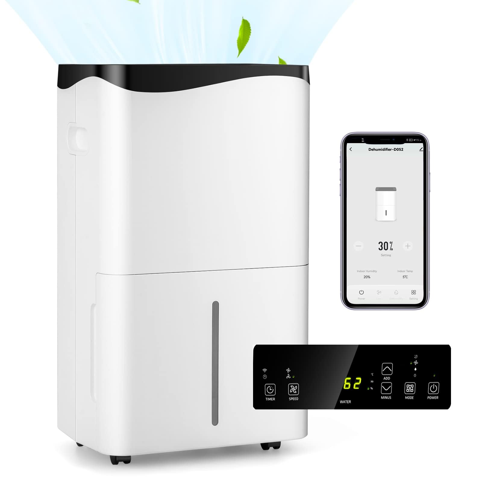 RELAX4LIFE 4 in 1 Deumidificatore Casa 50L/24H per 60㎡, Deumidificatore Portatile con 4 Modalità e 2 Velocità, Pannello Touch e Controllo WiFi, Serbatoio Rimovibile 5 L, 24H Timer, Bianco