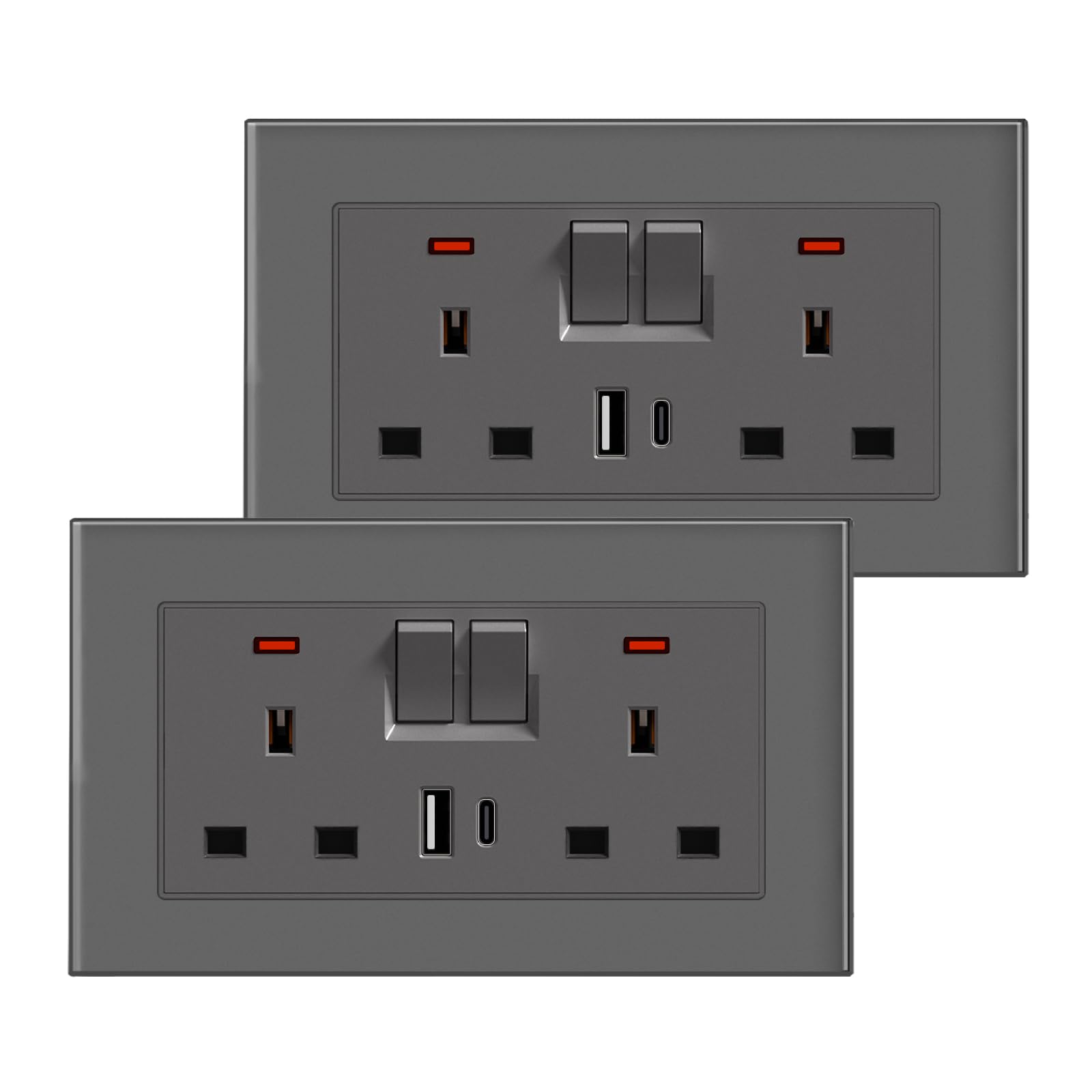 BSEED Double Socket 13A with 2 USB A and USB C 18W, Double Switched Socket 2 Gang UK Standard, Switched Outlet with Glass Panel, Electric Power Outlet Grey, 2 Pack