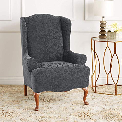 Surefit Home Décor Stretch Jacquard Damask T-Cushion Wing Chair One Piece Slipcover, Form Fit, Polyester/Spandex, Machine Washable, Gray Color #TOP1