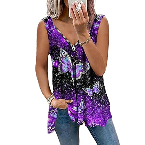 Mayntop Womens T-Shirt Butterfly Graphic Ombre Gradient Tops Ethnic Short Sleeve Zipper V-Neck Plus Size Loose Tee Blouse(B Purple,S)