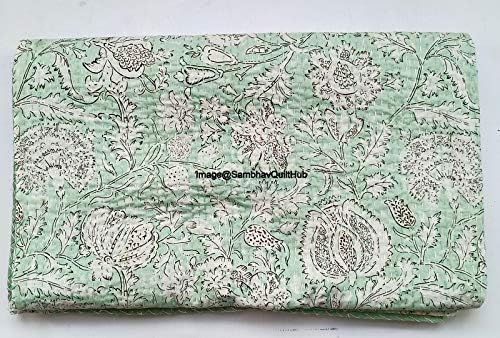 Green Handblock Floral Print Handmade Cotton Kantha Quilting Boho Bedding Throw Blanket Hippie Queen/King Size Bohemian Block Kantha Quilt (90X108 inches (Double/Queen))