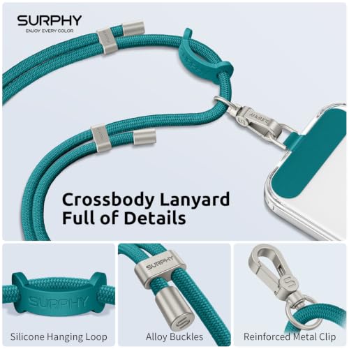 Image of SURPHY Phone Lanyard Crossbody, Phone Strap Crossbody with 2 Tether Tabs | Adjustable Cell Phone Lanyard, Anti Theft Phone Strap, Premium Metal Buckles, Universal Lanyard for Travel, Teal