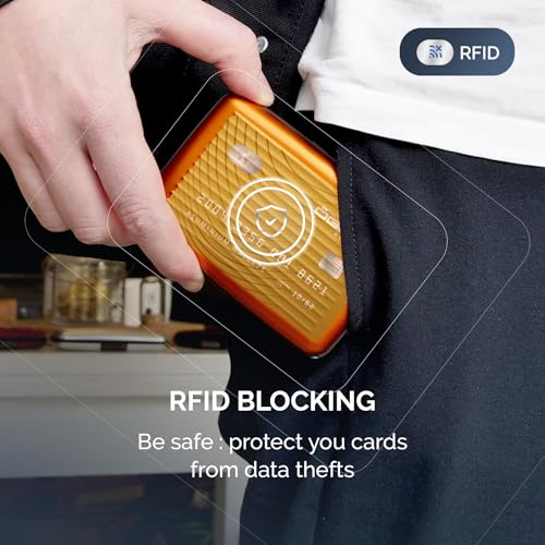 Image of OGON -DESIGNS- Aluminum card holder, RFID protection against fraud and demagnetization, compact wallet, Smart Case STOCKHOLM model (Aluminum Orange, Extra-secure lock)