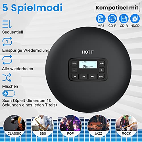 HOTT CD204 Tragbarer CD-Player für Reisen zu Hause und mit dem Auto mit Stereo-Kopfhörern und Anti-Shock-Schutz (schwarz) - Image 5