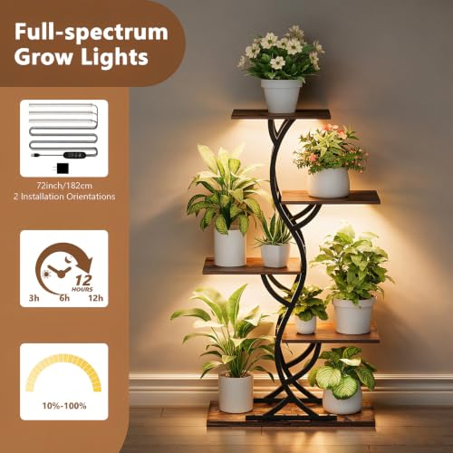 Image of Plant Stand Indoor with Grow Lights - 5 Tiered Corner Plant Shelves (Brown) | 44 inch Tall Metal Plant Shelf, S-Shape Lighted Flower Holder Dispaly Rack for Living Room, Home, Patio, Balcony