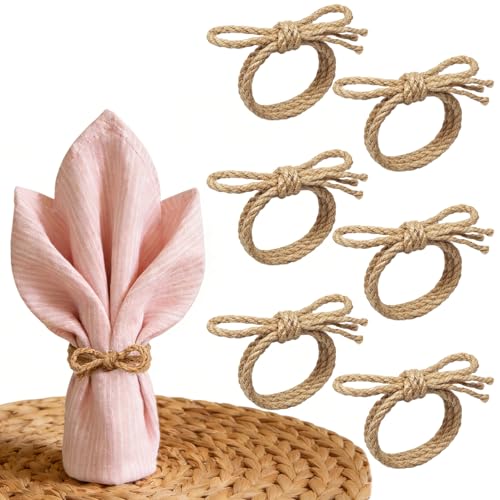 Lot de 6 ronds de serviette faits à la main en corde de jute. Ces ronds de serviette rustiques...