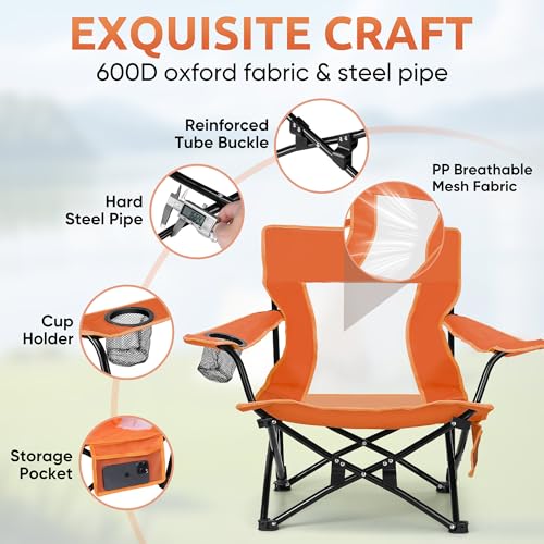 Image of HaSteeL Folding Beach Chair Set of 2, Foldable Orange Camping Chairs for Outside, Low Beach Chair Portable for Adults Fishing, Picnic, Outdoor BBQ, Travel, Sports, Cup Holder & Storage Bag