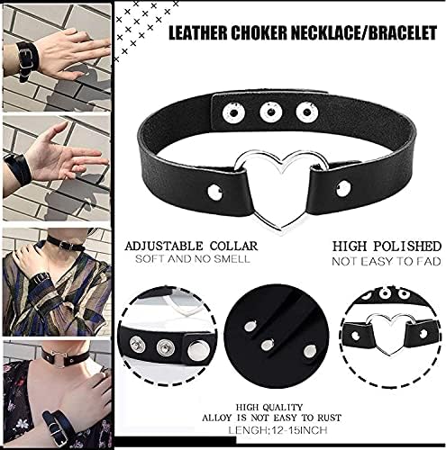LOLIAS 8Pcs Women's PU Leather Gothic Choker Necklace Set Punk Chain Clavicle Black Leather Choker Sexy Spike Choker Necklace Rock Belt Love Heart Choker Adjustable Collar Choker Cosplayer