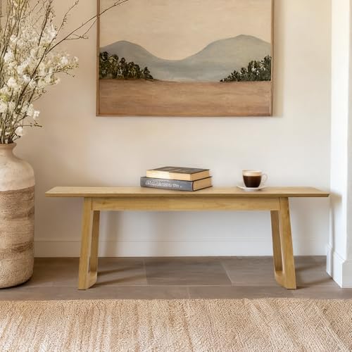 Image of HNY Farmhouse Dining Bench, Solid Entryway Bench, 55 Inch Long Wooden Bench, Kitchen Dining Seat for Entryway /Dining Room /Kitchen /Living Room, Oak