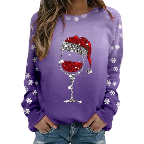 Weihnachtspullover Damen Weinglas Druck Weihnachts Sweatshirt Rundhals...