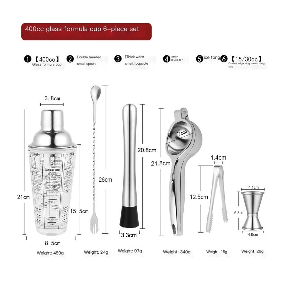 Coctelera Un juego de 6 vasos mezcladores de vidrio transparente y juegos de cocteleras de acero inoxidable.