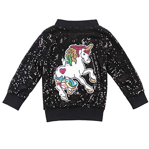 ANATA Girl Sequin Jacket Kids Zipper Bomber Jacket Coat Long Sleeve Casual Jacket Little Girls Christmas Outwear Jacket Black Unicorn 01 Size 10 Years Old