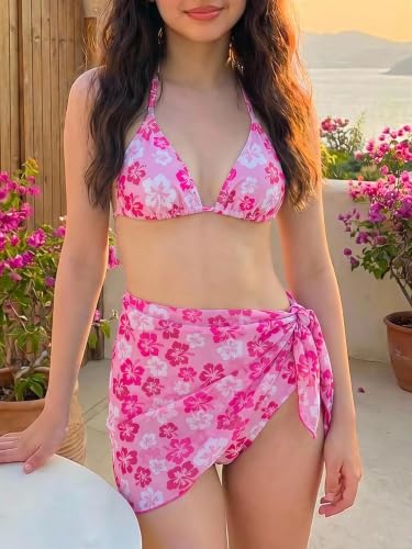 Image of SOLY HUX Girl's Summer Swimsuit Set Floral Halter Triangle Bikini Set with Wrap Skirts Beachwear