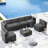 Patiomore 7 Pieces Outdoor Patio Furniture Set, Black Brown Wicker Patio Sectional Sofa Set, Outdoor Couch with Grey Cushion and Tempered Glass Table