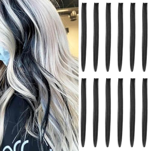 Extensions de cheveux colorés à clipser, 12 pièces, Noir