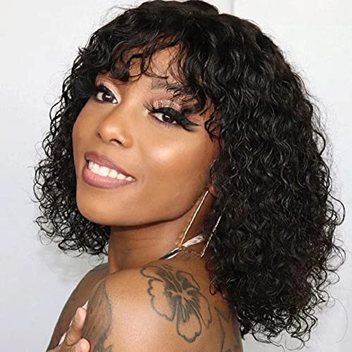 iShine Short Wigs for Black Women Human Hair Wig with Hair Bangs 100% Brazilian Wigs 12 inch Short Curly Wigs Deep Small Curly No Lace Front Natural Black Wig (#1B)