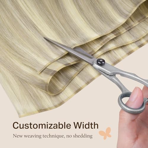 Image of DOORES Genius Seamless Weft Hair Extensions Human Hair, Ash Blonde Highlighted Platinum Blonde 18 Inch 100g, Hand Tied Weft Extension Sew in Natural Straight
