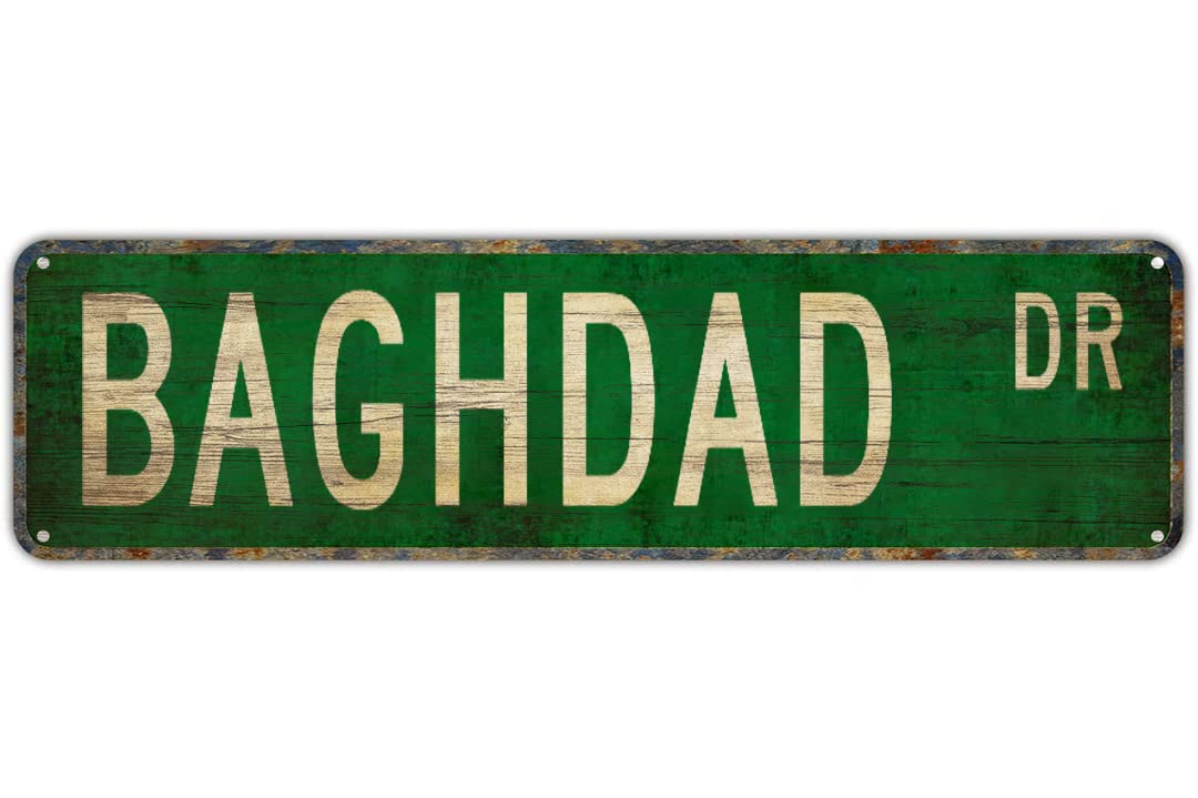 Peiyeety A003 Vintage Metal Tin Sign Baghdad Drive Street Sign, Retro Wall Decor For Home, Bar, Garage, Cafe, Man Cave, Travel Room, Hometown Decor, Rustic Wall Art For Indoor And Outdoor Decoration, 4X16 Inch