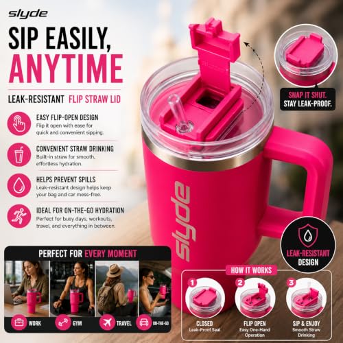 Image of Slyde 1200ml Stainless Steel Insulated Tumbler with Handle | Double Wall Vacuum Travel Mug | Leakproof Lid | Includes 2 Straws (1 Stainless Steel & 1 Plastic) Hot Pink