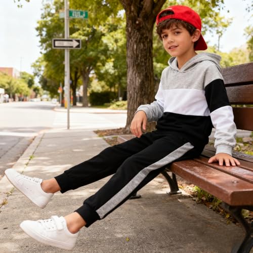 Image of 5-11Y Boys Clothes Long Sleeve Hooded Pullover Colorblock Sweatshirt + Pants 2pcs Fall Winter Outfit Set