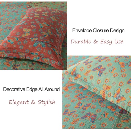 Image of FADFAY Butterfly Sheets Set Queen Vintage Green Red Floral Bedding Shabby Farmhouse Bedding Super Soft Washed Double -Layer Muslin Sheets 100% Cotton Deep Pocket Fitted Sheet 4Pcs, Queen Size