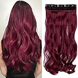 SEGO 61cm Haarteil Clip in Extensions 1 Tresse 5 Clips ganzen Kopf Haarverlängerung Human Hair wie Echthaar Gewellt Lila Rot 24