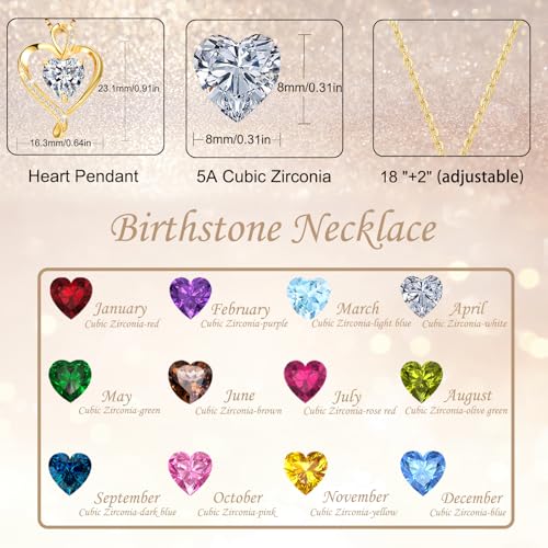 LAVUMO Heart Birthstone Necklace for Women Fine Jewelry 925 Sterling Silver Heart Necklace Dainty Pendant Anniversary Birthday Christmas Gifts for Her Girlfriend Wife Mom Lady Daughter Chain 18"+2"3