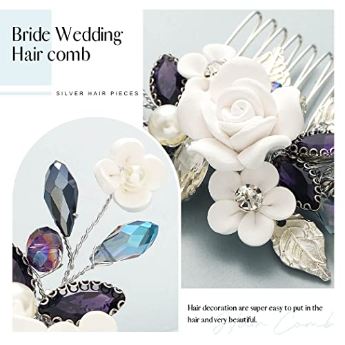 Casdre Flower Bride Wedding Hair Comb Silver Purple Rhinestone Bridal Hair Piece Side Comb Leaf Hair Accessories For Women And Girls #TOP2