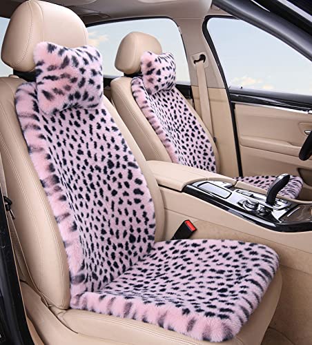 seemehappy Fluffy Leopard Seat Covers for Cars Front Seat Covers Carseat Front Two Seat Protectors with 2 Neck Pillows for Truck SUV Auto-Pink Leopard-Front 6 PCS