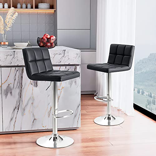 Image of GUNJI Bar Stools Modern PU Leather Adjustable Barstools with Back Armless Hydraulic Kitchen Counter Height Swivel Bar Stool Set of 2 (Black) (1, White, Square)