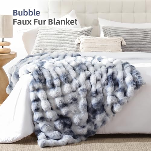 Smoofy Faux Fur Throw Blanket for Couch Rabbit Fleece - Tie-dye Blue Fluffy Blanket for Sofa Bedroom Living Room, Cozy Soft Plush Luxury Thick Winter Fuzzy Comfy Bubble Blanket - 60" x 80"