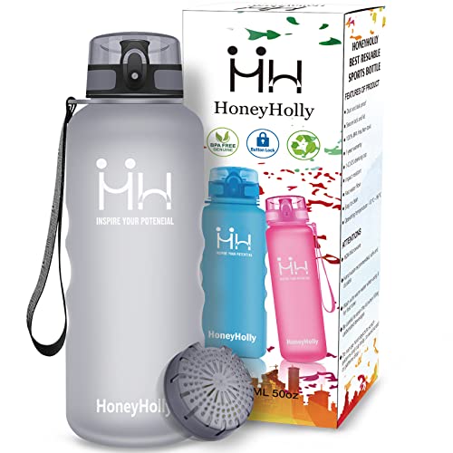 HoneyHolly Botella de Agua, 1.5 litros sin BPA, a Prueba de Fugas Tritán Reutilizable, Botella Agua Deporte, Botella Agua para Gimnasio, Bicicleta, Camping, Trekking | Botella Agua Gym, con Filtro Cover