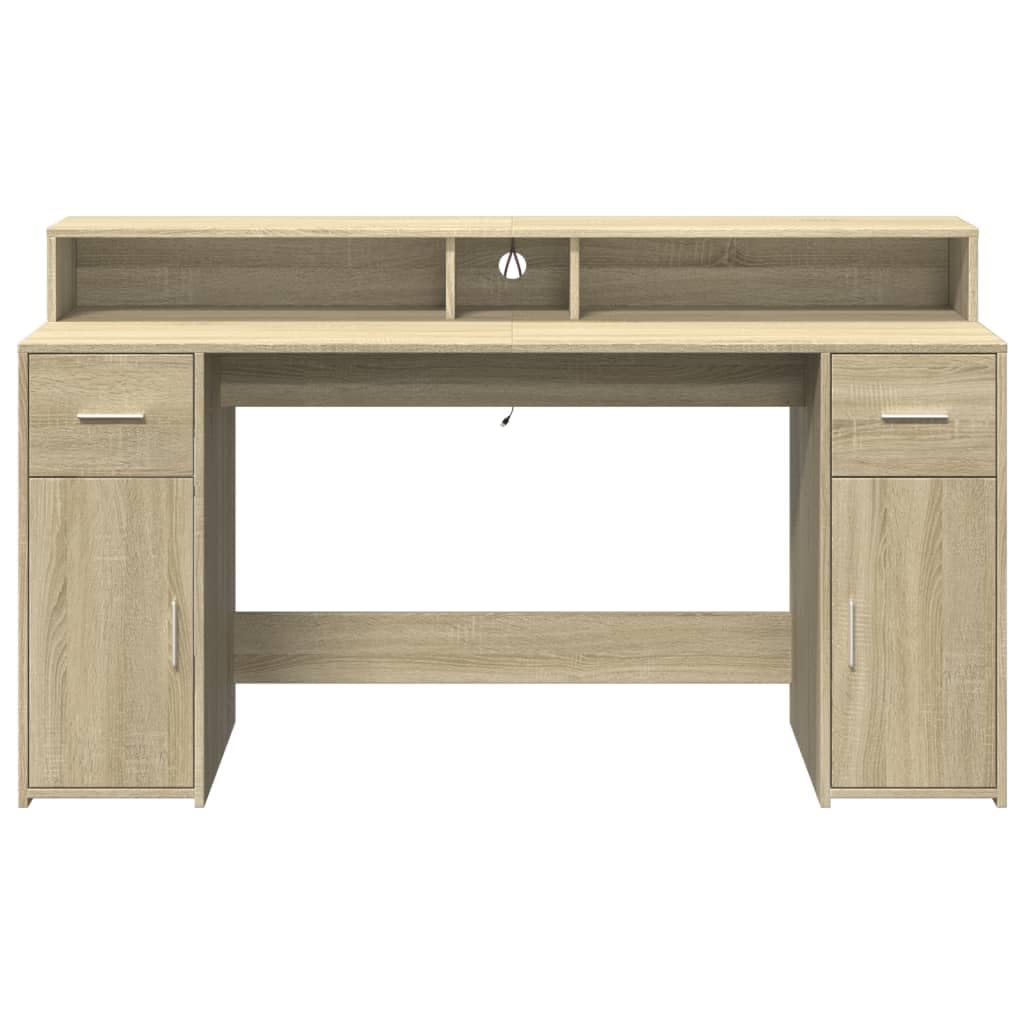 Homgoday Biurko z diodami LED Sonoma 160 x 55 x 91 cm, wielowarstwowe, meble biurkowe, biurko, biurko komputerowe, biurko zajmujące mało miejsca, stół biurkowy, biurko do gier do pokoju dziecięcego