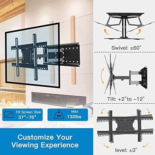 TV Wall Mount Bracket Full Motion- Fits 16”, 24” Wood Studs Articulating Swivel TV Mount for 37-75 Inch LED, LCD, OLED, Flat Screen TVs - Weight up to 132lbs - VESA 600x400mm PERLESMITH
