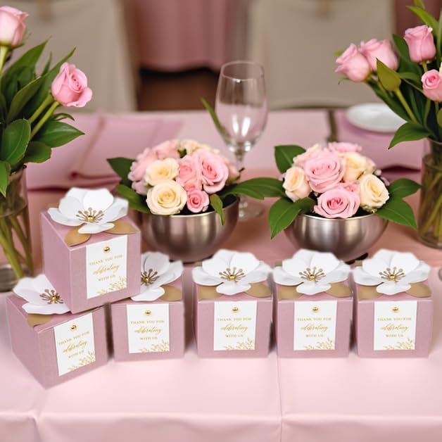 FEIYI 20 PCS Dusty Rose Gift Boxes, 3 In 1 Favor Boxes with Floral Decor, White Thank You Tags Cupcake Containers Gift wrapping for Wedding, Baby Shower, Birthday, Decorations Party - 3.55x3.55x3.55 - Image 7