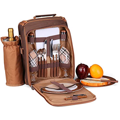 Vianber Picknickbag Kit - Set voor 2 personen picknick met afneembare fles/wijnhouder met servies koeltas lunch schoudertas (bruin)