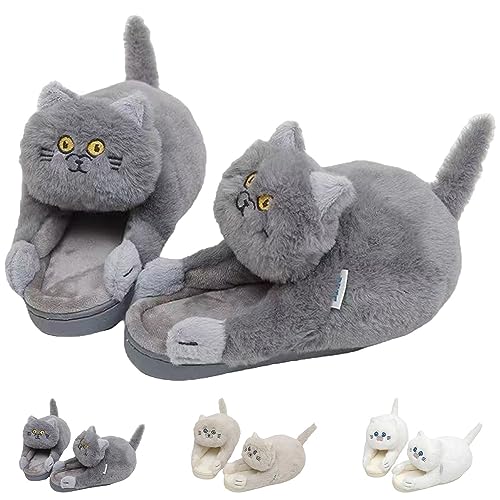 Jfxgjuv Cat Slippers for Men & Women, Plush, Novelty, Kawaii, Fuzzy, Warm, House Shoes, Winter, Indoor & Outdoor, Gray, One Size Fits US 5.5-10