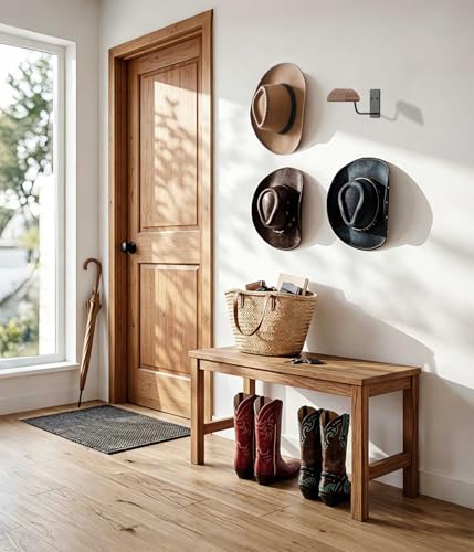 PANGTON Cowboy Hat Rack for Wall, 4 Pack Natural Wood Cowboy Hat Holder, Metal Hats Organizer Storage Hooks for Fedora, Sun Hats, Wide Brim, Western Home Decor, 2 Wall Mounting Options