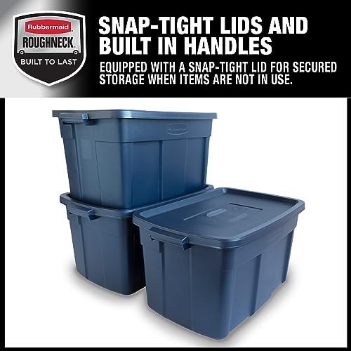 Image of Rubbermaid Roughneck Tote 31 Gal, 3 Pack, Made in USA, Dark Indigo Metallic, Rugged Plastic Stackable Storage Bins with Lids and Handles