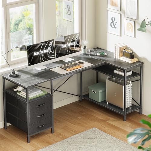 Huuger L Shaped Office Desk with Power Outlets, 55 Inch Computer Desk with 3 Drawers, Shelves, Reverisble for Gaming Corner Work Home Office Study, Grey