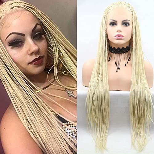 Angle Lucky Blonde Micro Braided Lace Front Wig Long Braided #613 Blonde Box Braided Wig Heat Resistant Fiber Synthetic Artificial Hair Braids Wigs for Women 26 Inch